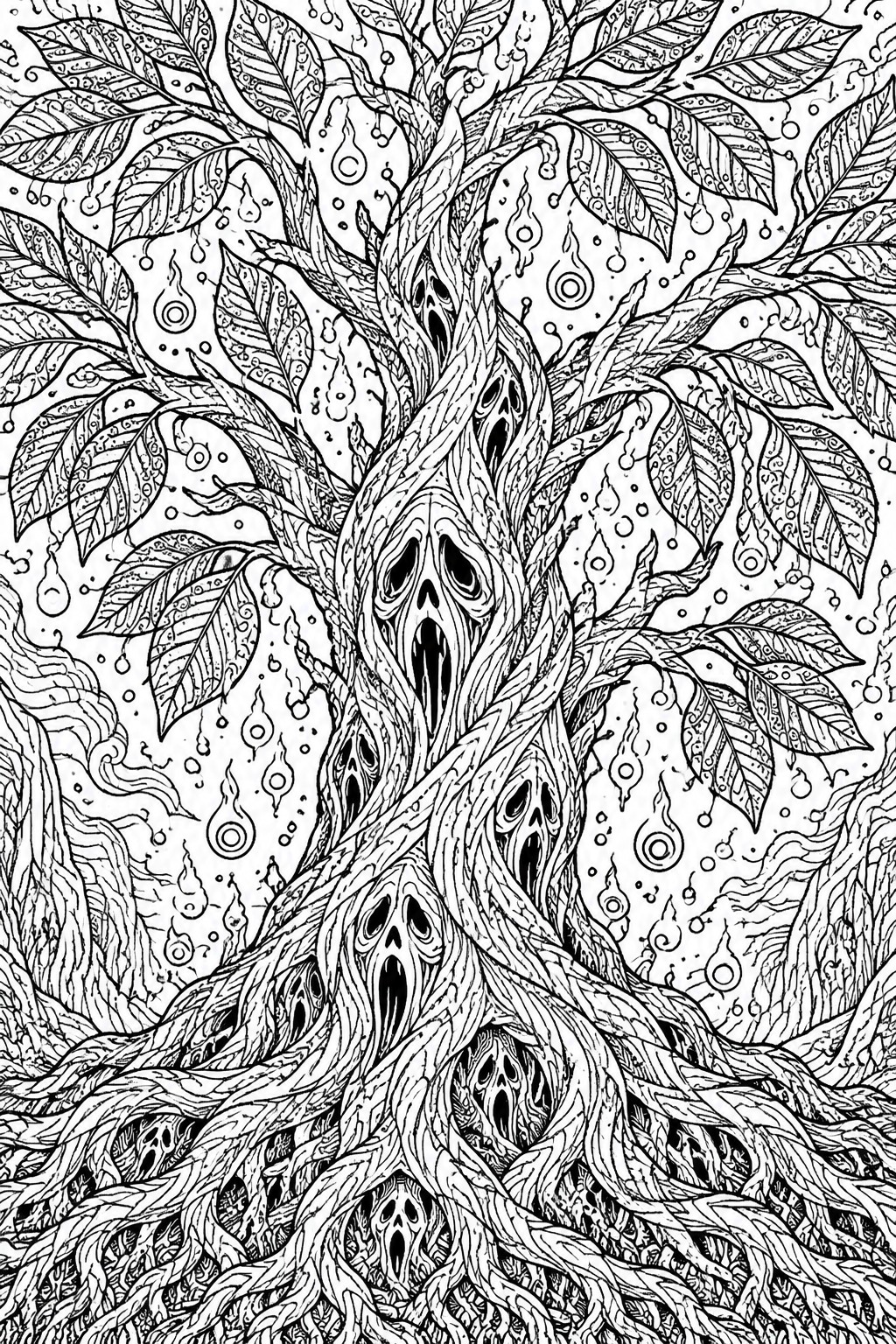 Intricate black-and-white tree with screaming ghostly faces twisted into trunk and roots.