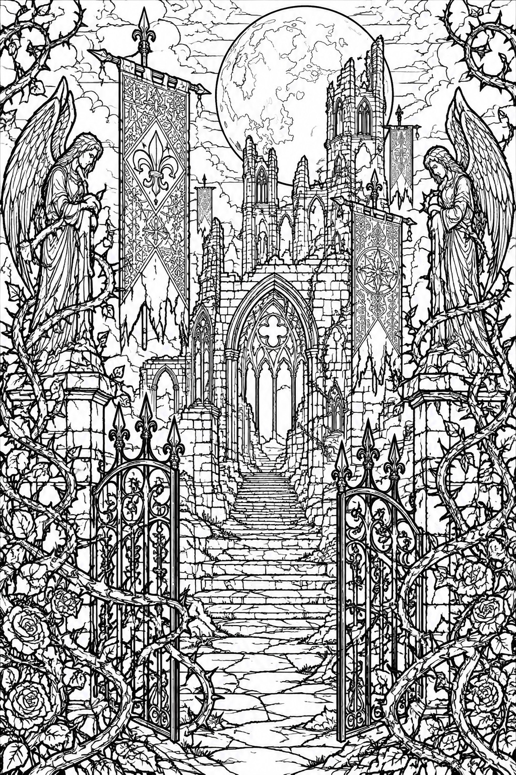 Gothic castle ruins with winged angels, ornate gate, stairs, and full moon in line art.