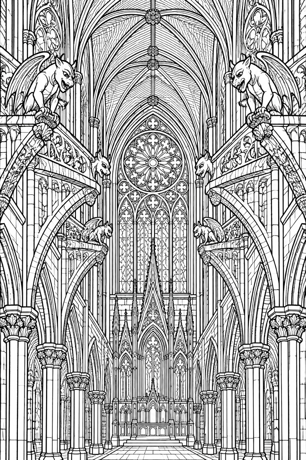 Gothic cathedral interior with vaulted arches, rose window, and stone gargoyles in line art