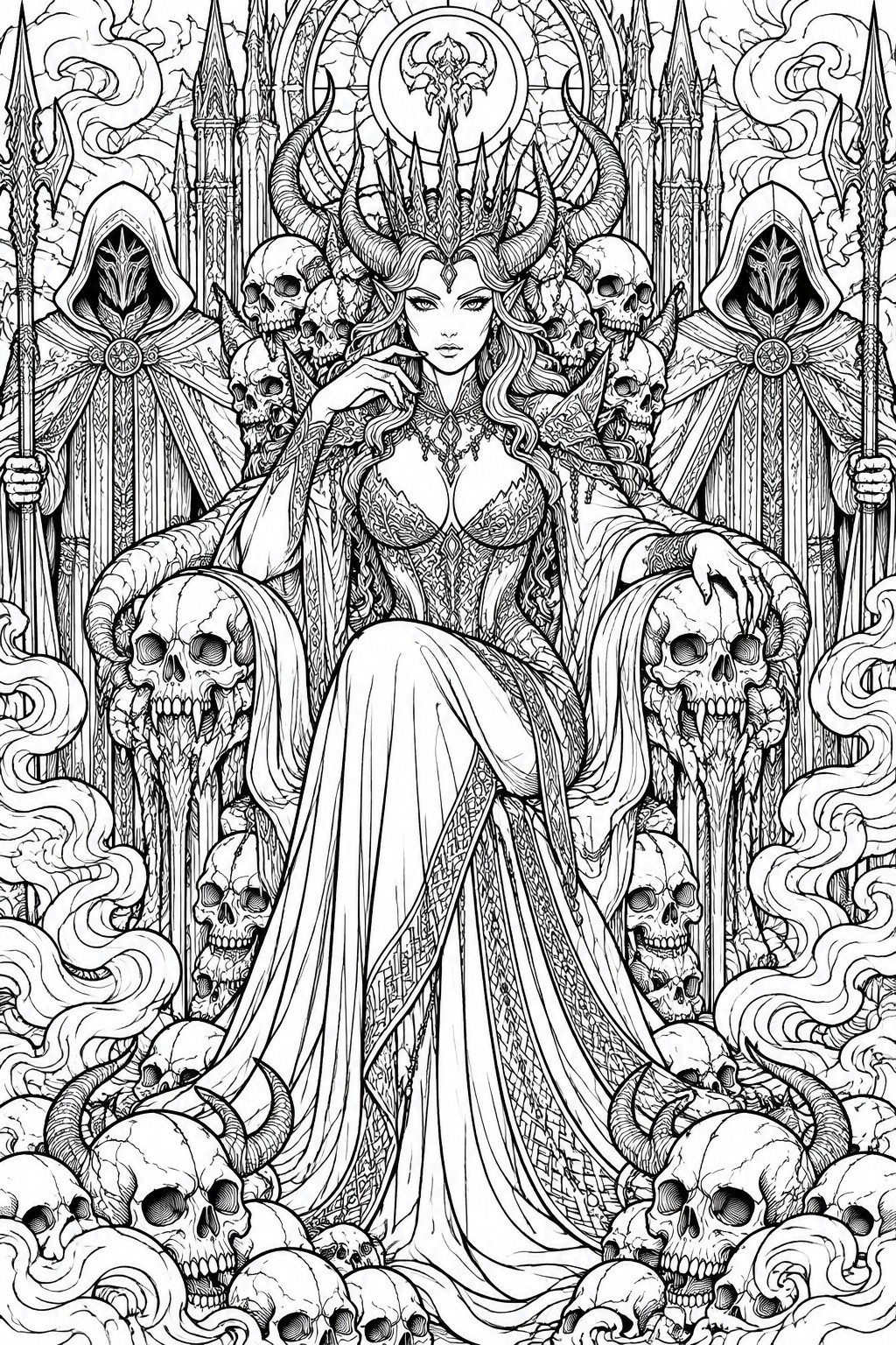 A black and white line drawing of a horned fantasy queen seated on a throne surrounded by skulls, hooded figures with spears, and gothic towers.