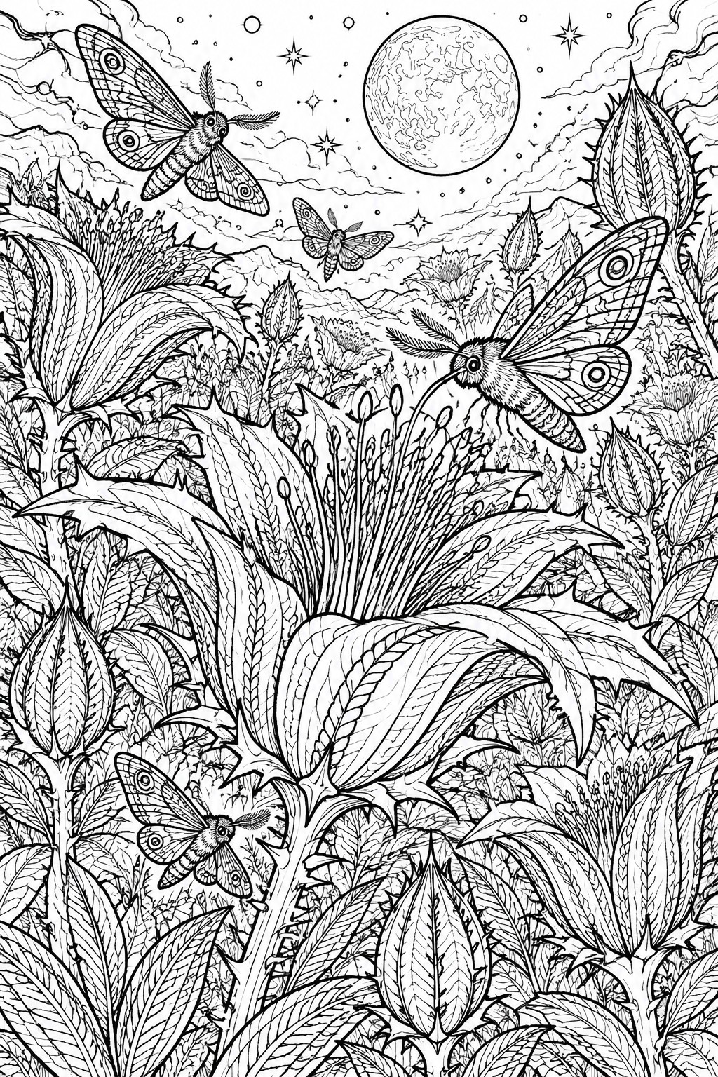 Intricate black-and-white drawing of moths flying among plants under a full moon and stars
