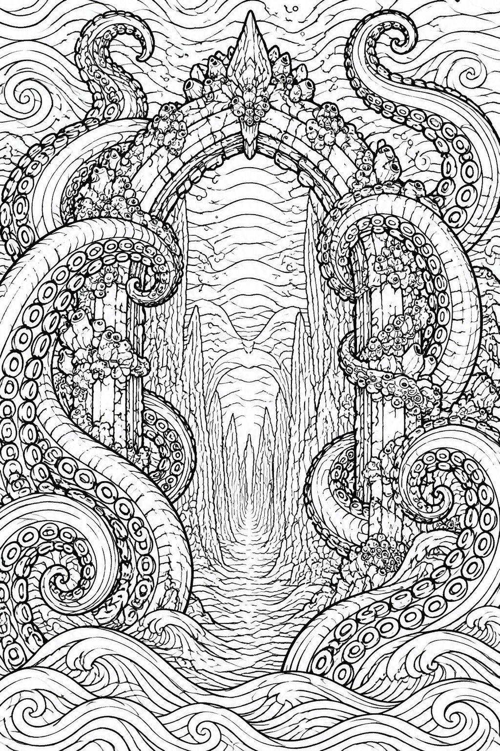 Black and white coloring page showing an octopus with tentacles wrapped around stone pillars and an arch, topped by a pointed crystal and set against layered background lines.