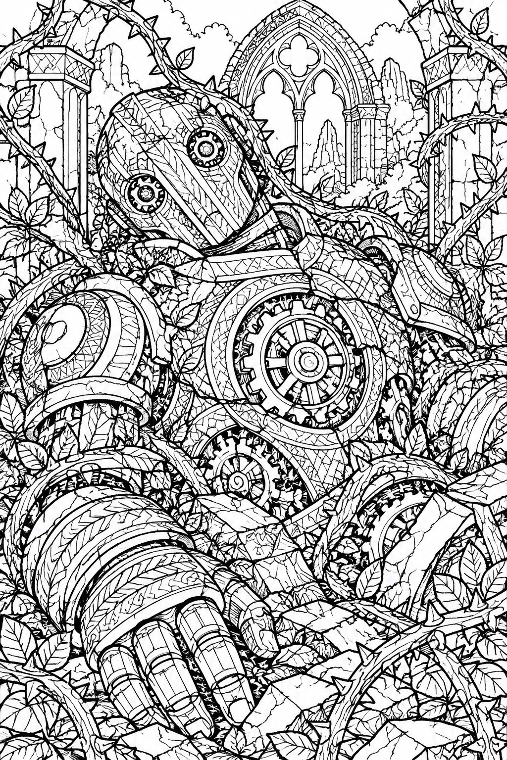 Mechanical robot overgrown with thorny vines and leaves amid gothic ruins