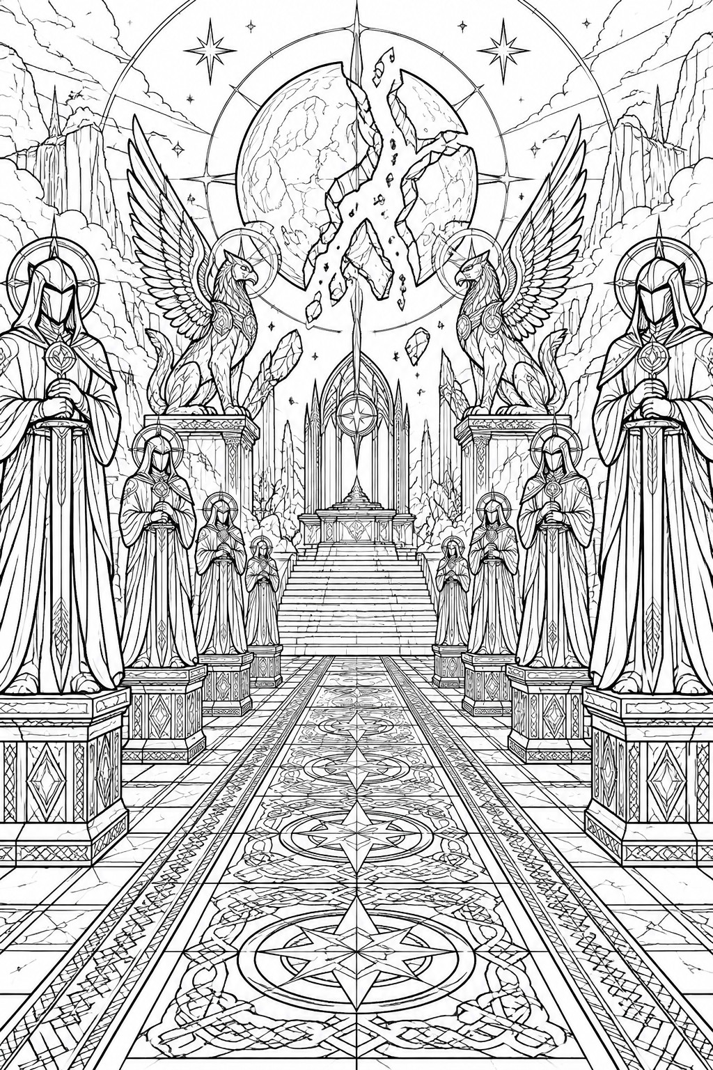 A black and white line drawing of a fantasy temple path with robed figures, winged statues, a cracked sphere above, and an intricate carpet leading to a throne.