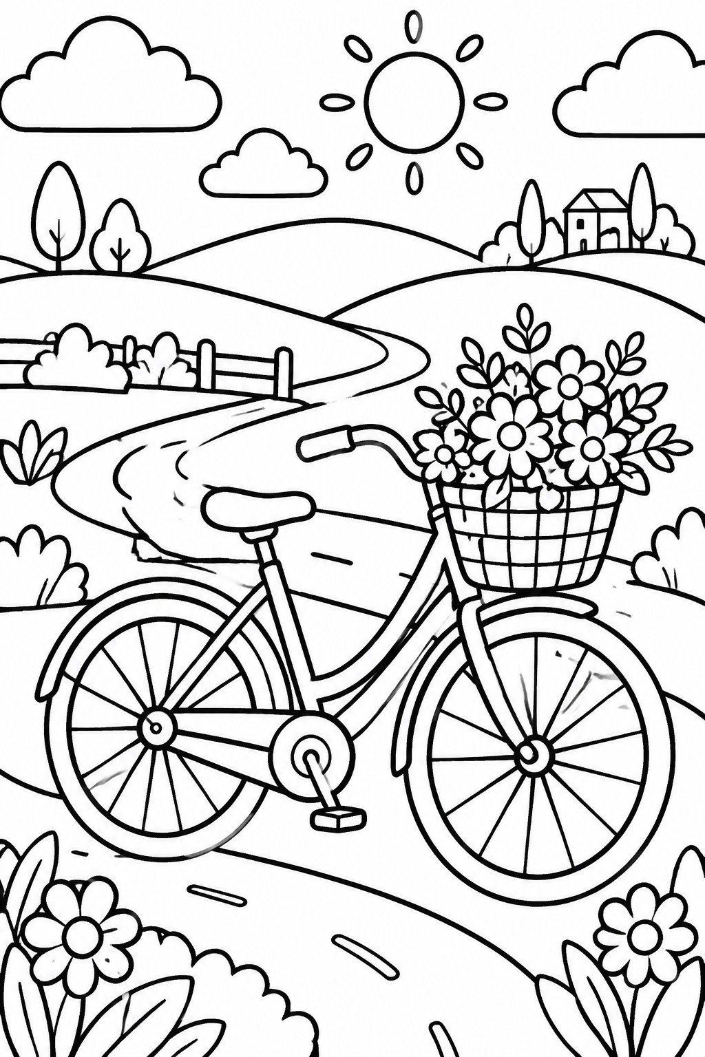 A black and white line drawing of a bicycle with a basket of flowers on a path in a landscape with hills, sun, clouds, and trees.