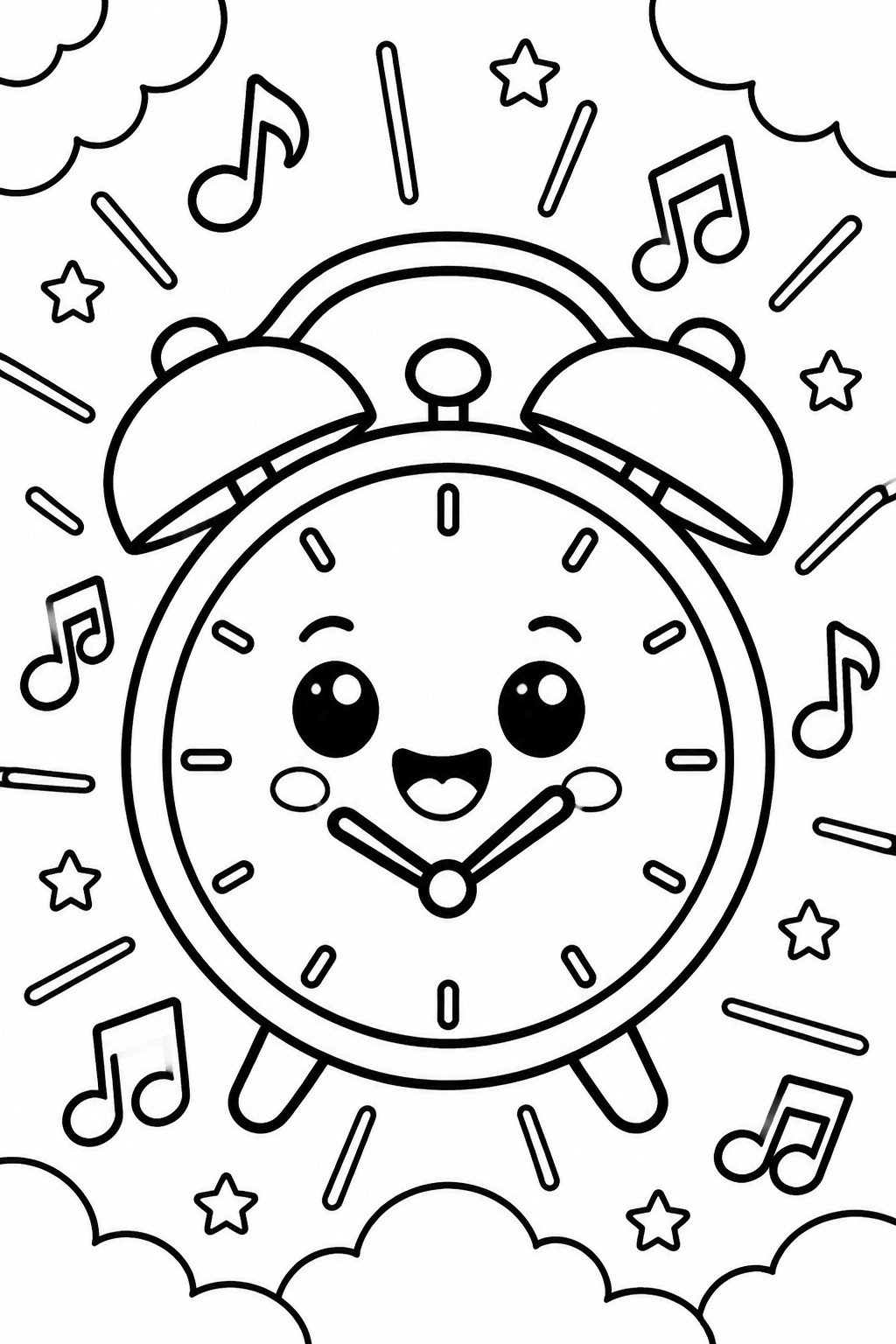 Cheerful alarm clock with smiling face amid musical notes, stars, and clouds