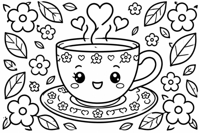 Cute cartoon teacup with smiling face and heart steam amid flowers and leaves