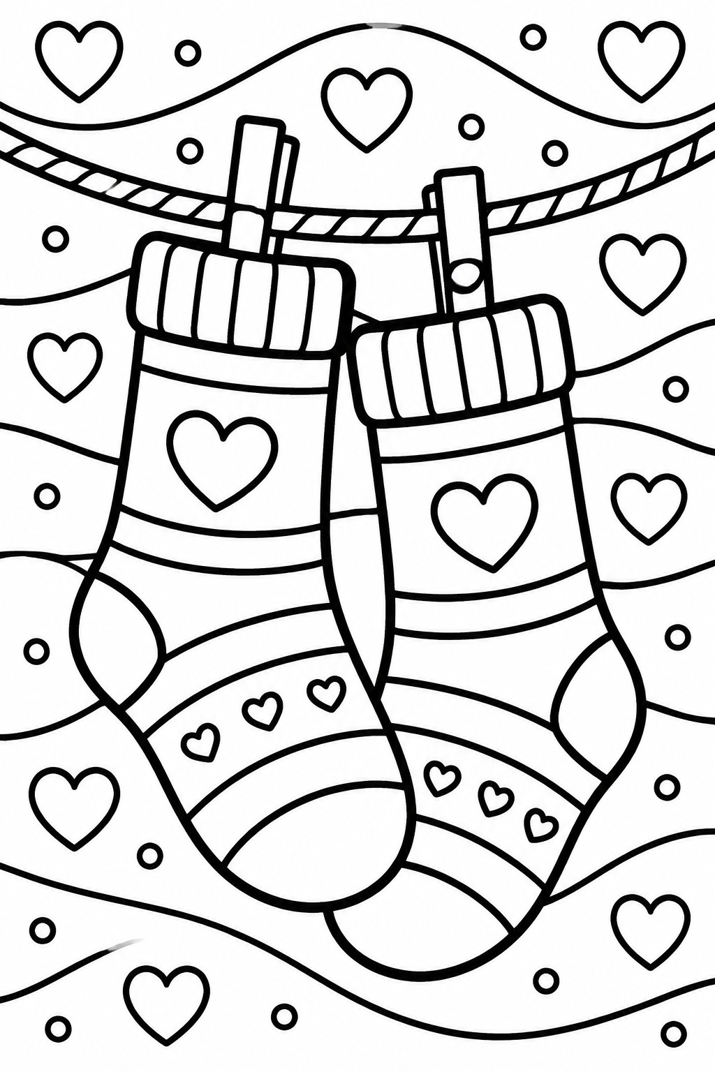 Two heart-patterned stockings clipped to a clothesline amid floating hearts