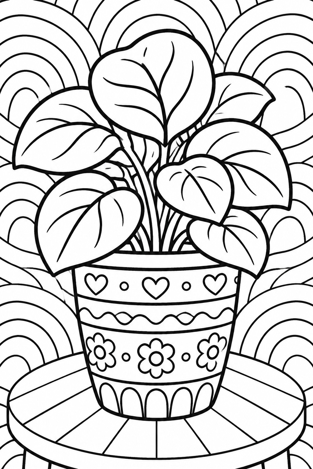 Coloring page of leafy potted plant with heart-decorated pot on wooden stool