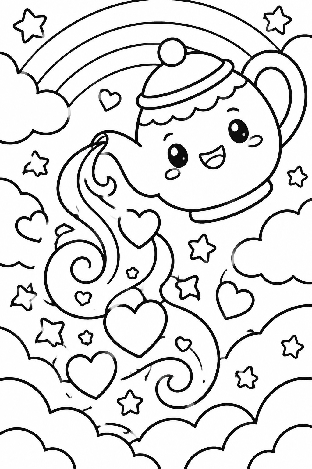 Cute cartoon animal in hat with swirling tail amid hearts, stars, clouds and rainbow line art