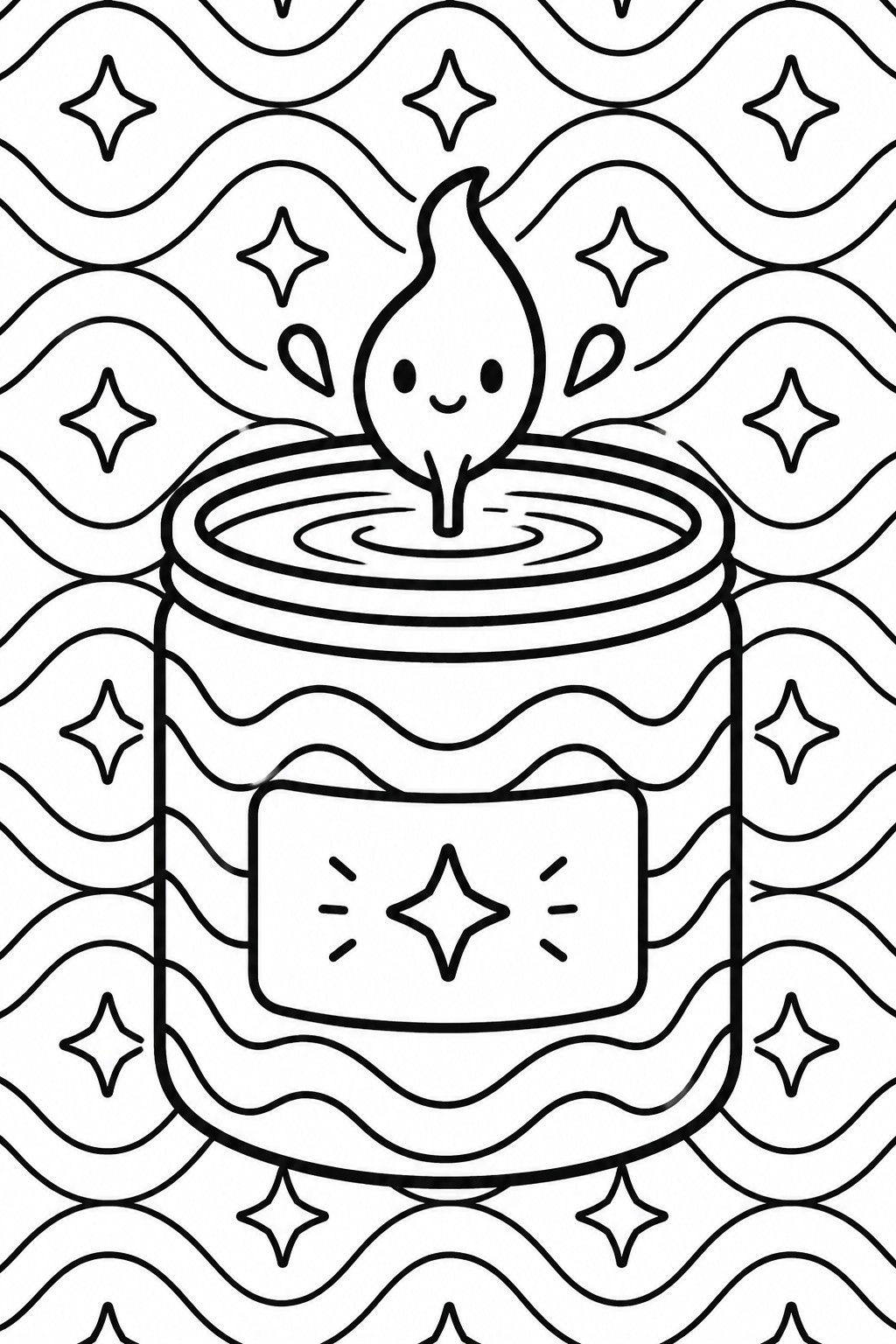 Line art of a cute candle jar with a flame character and wavy star background.