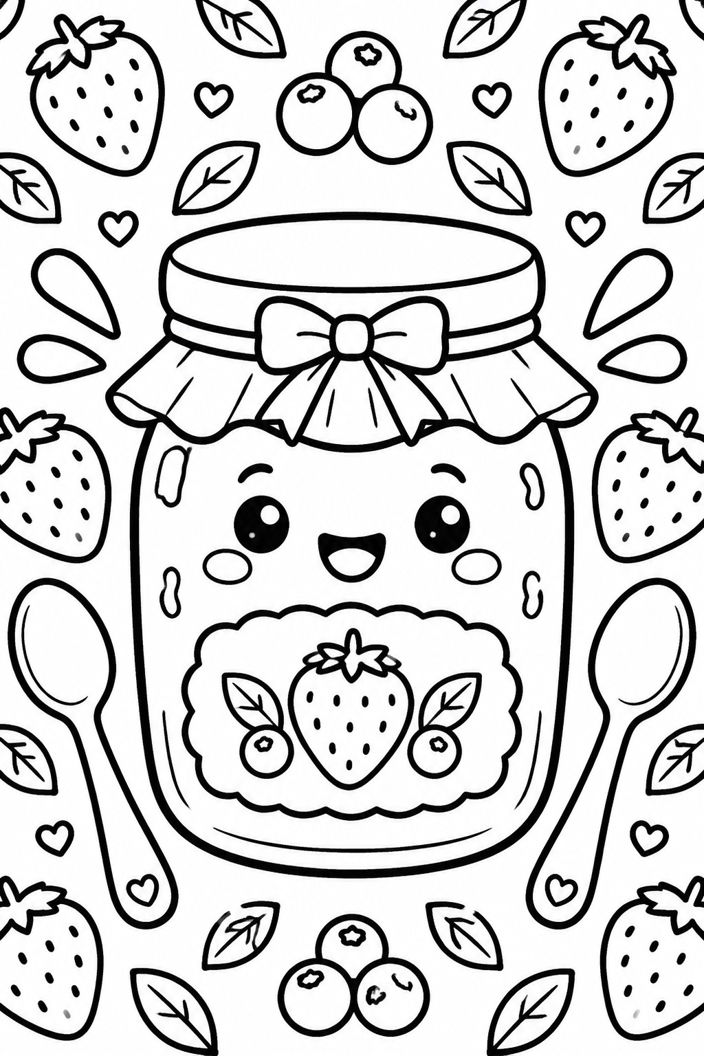 Kawaii jam jar with smiling face amid strawberries, blueberries, spoons, leaves, and hearts