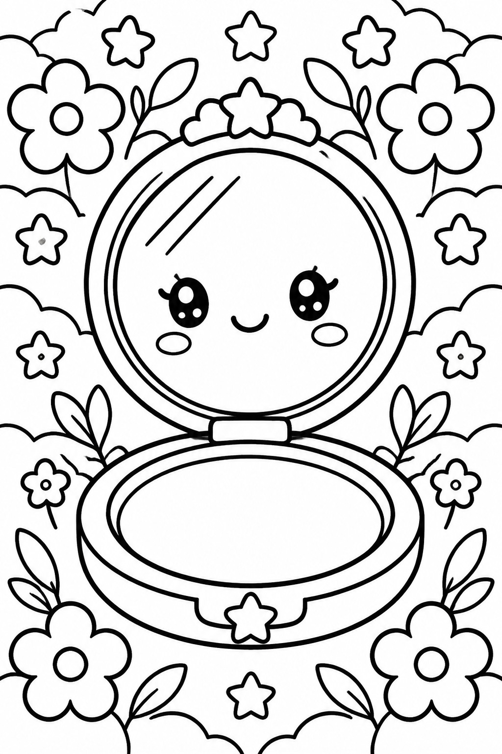 Kawaii open compact mirror with cute face amid flowers and stars