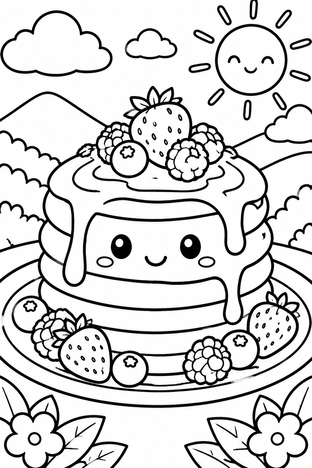 Kawaii pancake stack with berry toppings and smiling sun in landscape