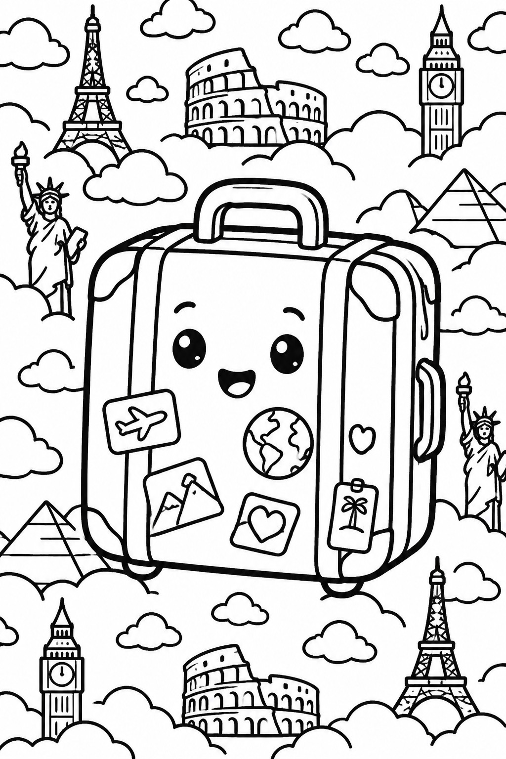 Cute cartoon suitcase with face and stickers amid global landmarks on clouds