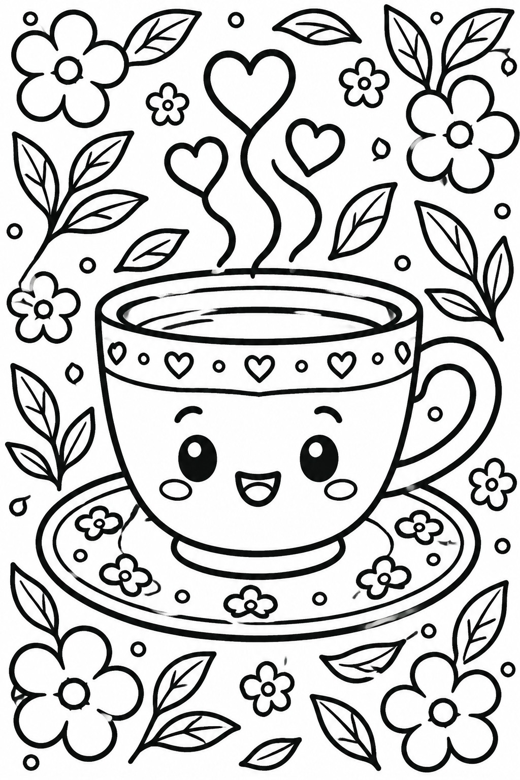 Cute cartoon teacup with smiling face and heart steam amid flowers and leaves