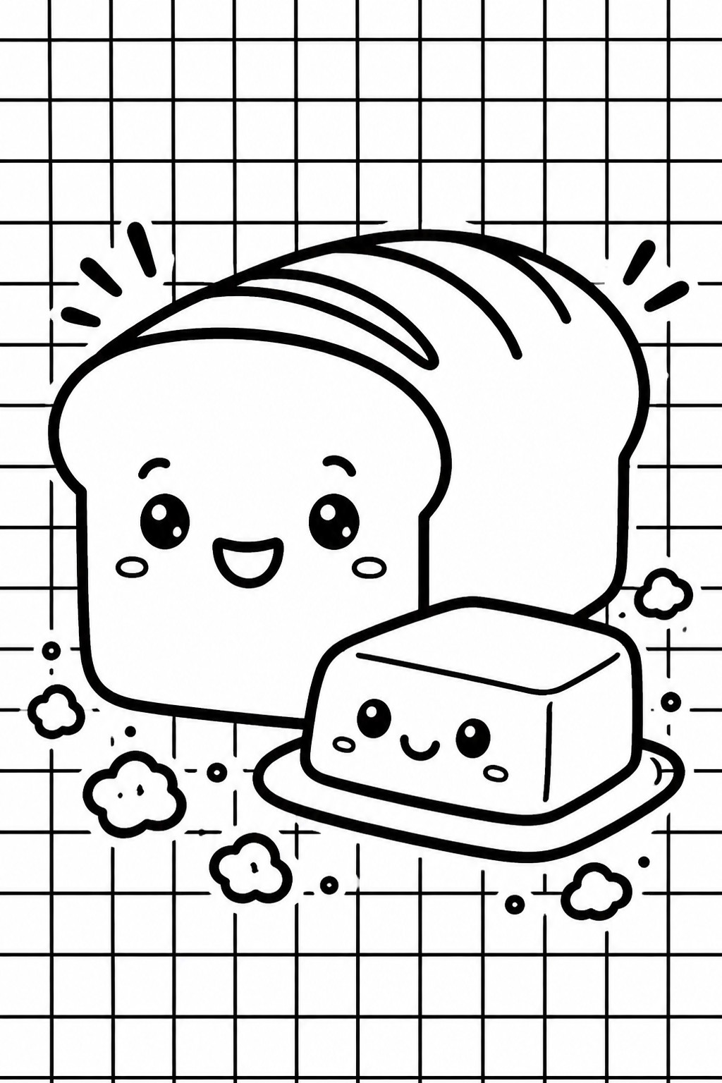 Kawaii cartoon bread slice and smiling butter pat with sparkles on grid background
