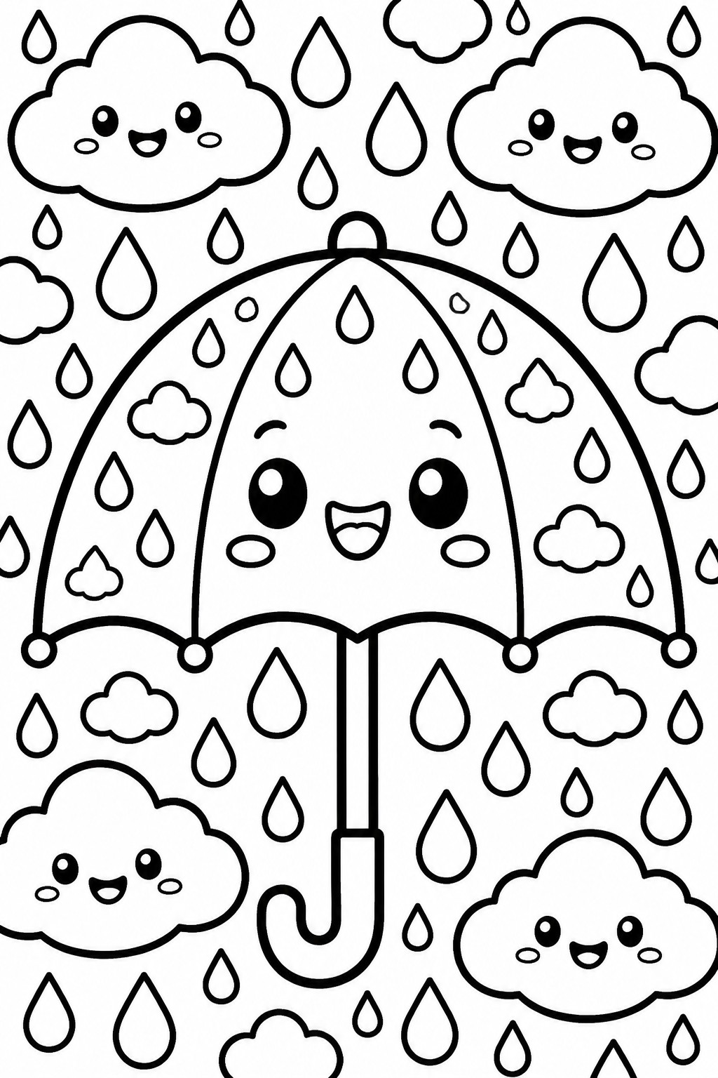 A black and white coloring page shows a large umbrella with a cartoon face in the center, surrounded by clouds with faces and many raindrops.