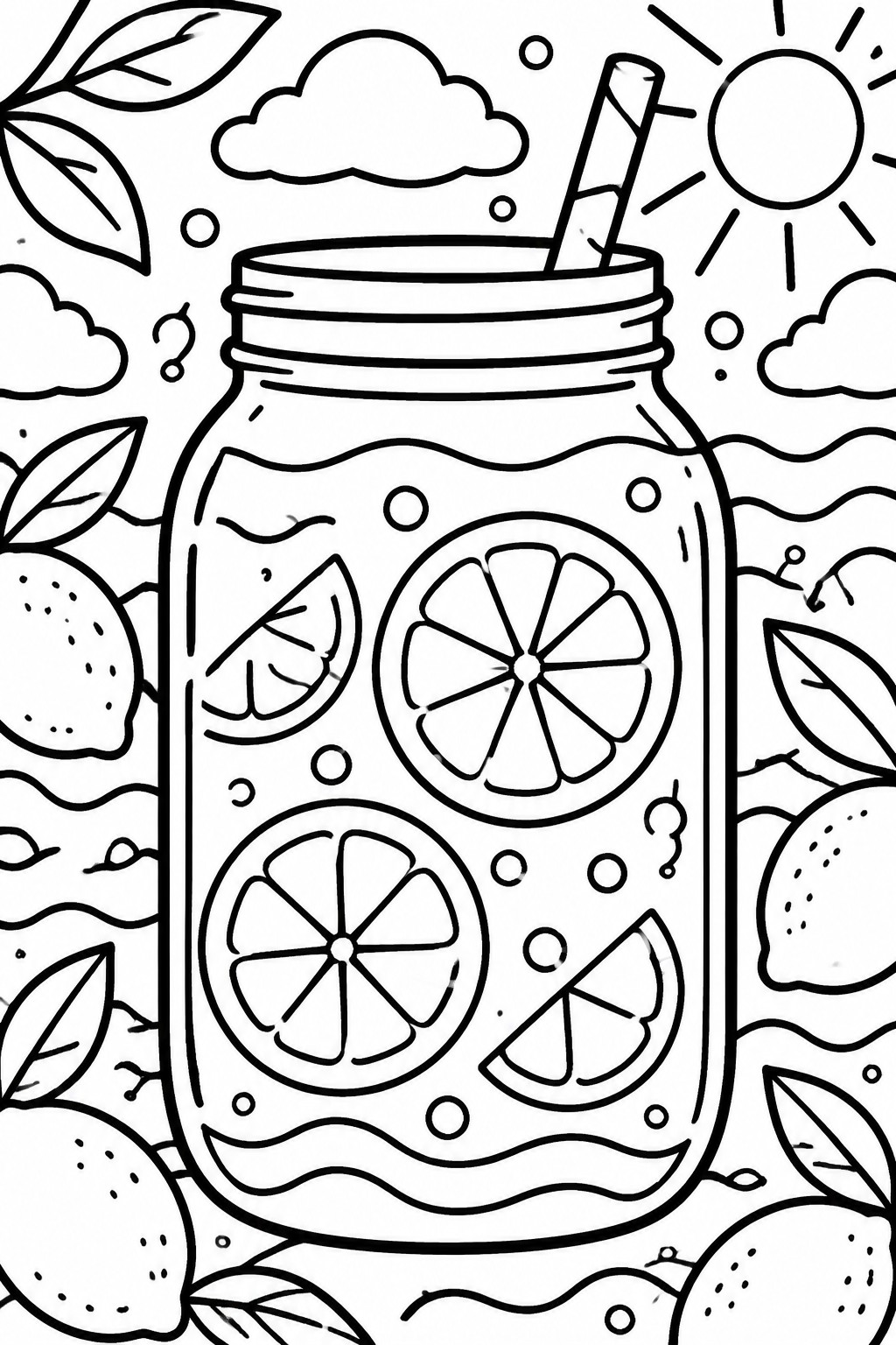 A black and white line drawing shows a mason jar with lemonade, lemon slices inside, a striped straw, and whole lemons with leaves around it under a sun and clouds.