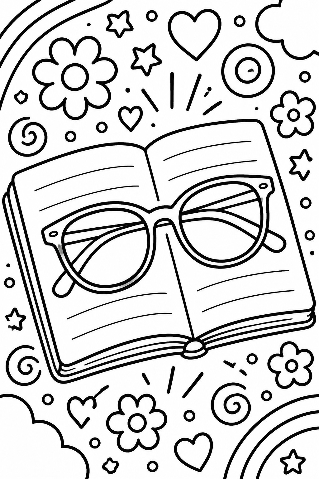 Open book with round glasses amid hearts, stars, flowers, swirls, and doodles.
