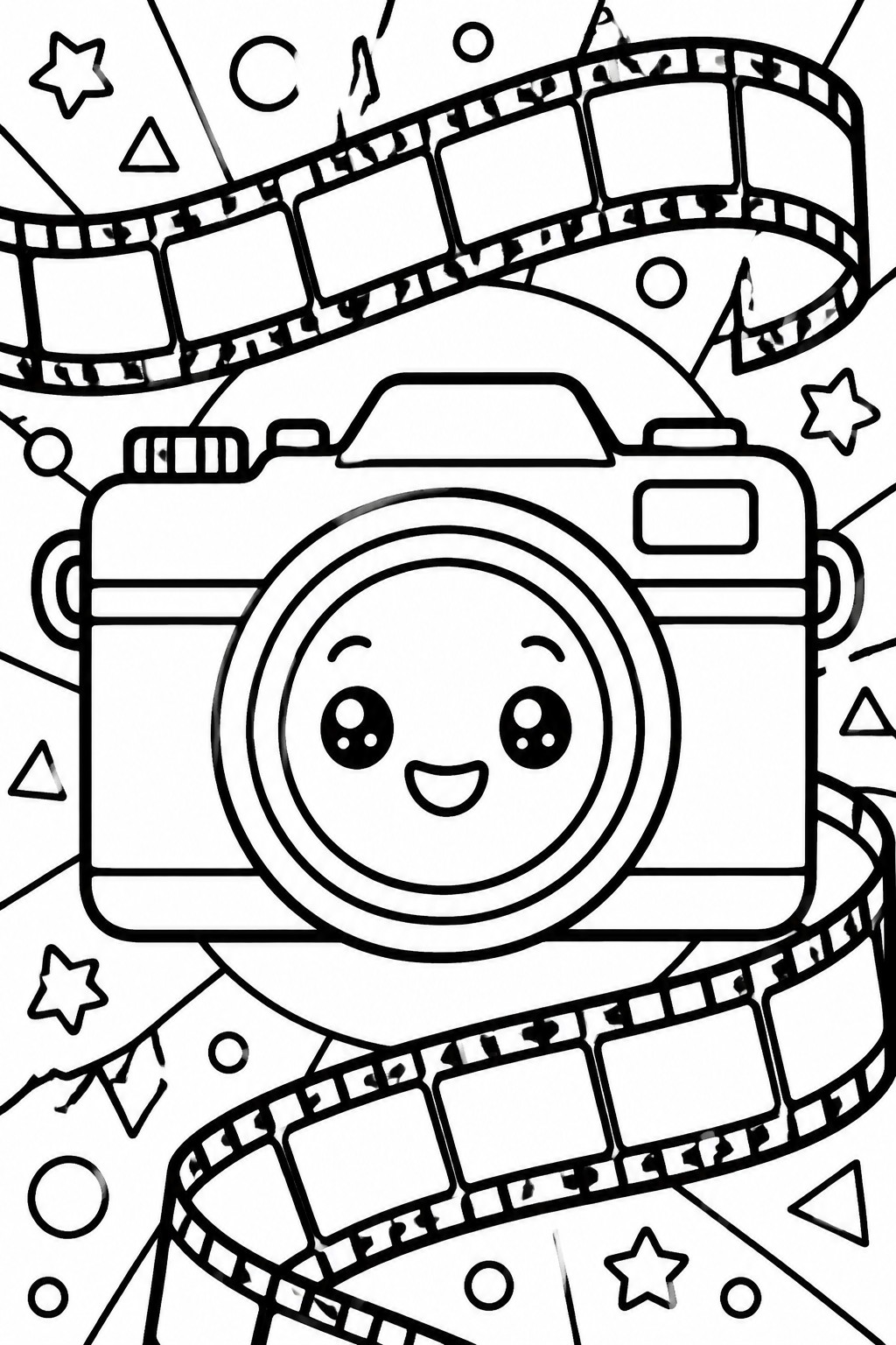 Cute cartoon camera with smiling face amid curling film strips and stars