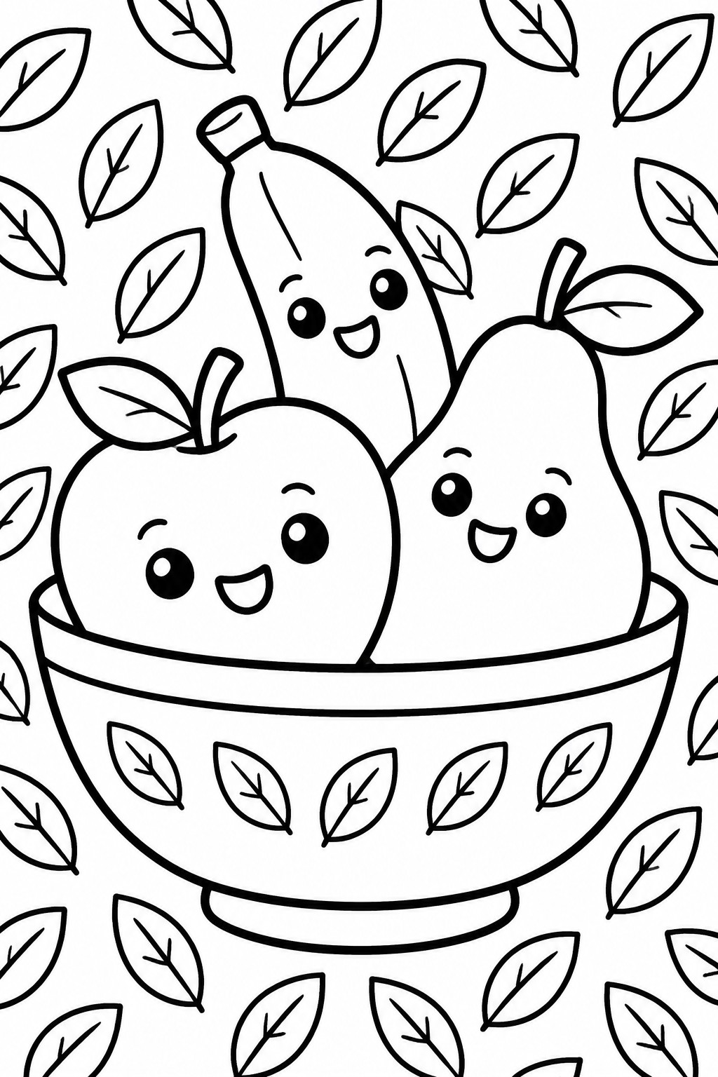 Coloring page showing three cute fruits with faces inside a bowl surrounded by floating leaves.