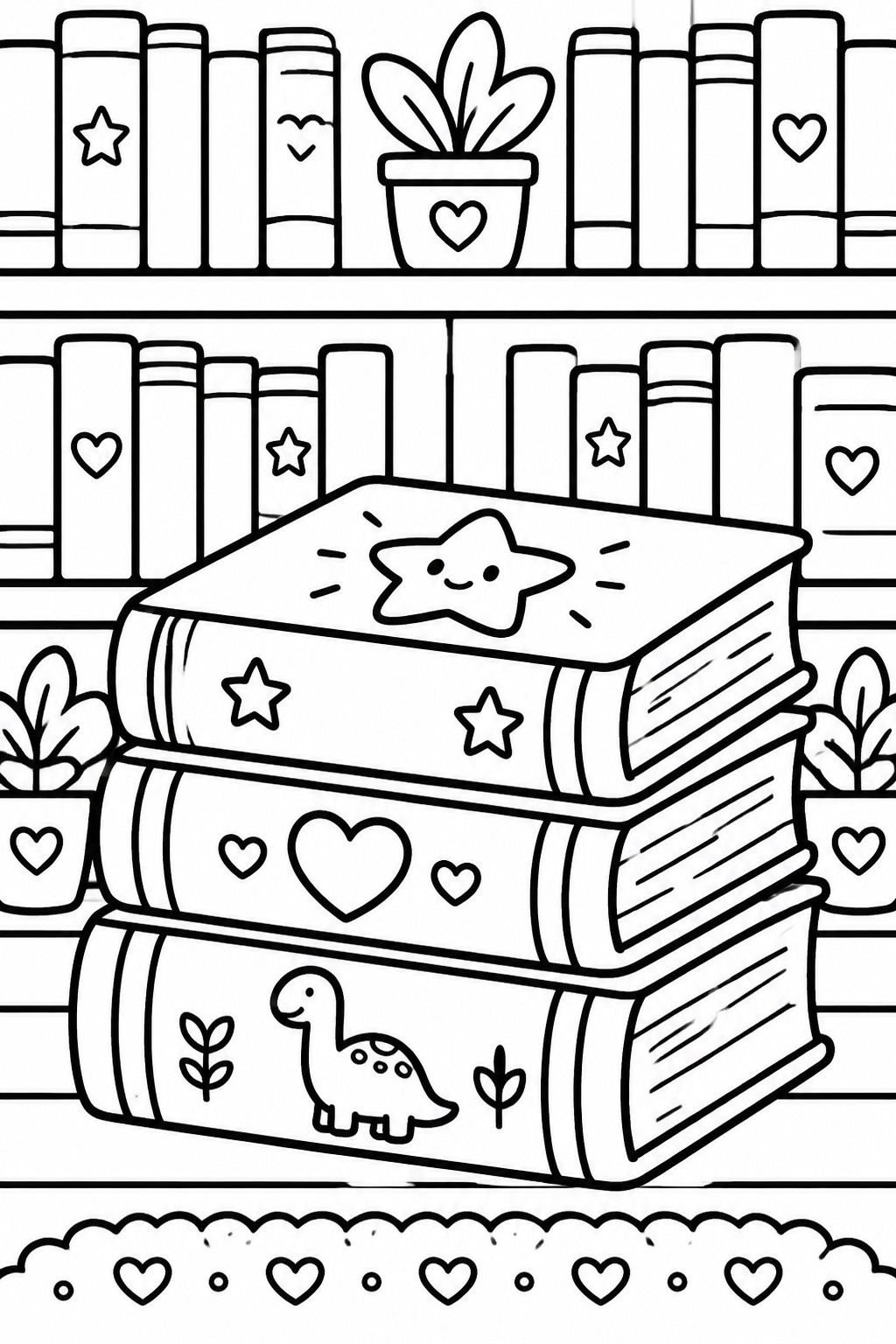 Coloring page of stacked books with stars, hearts, dinosaur before shelves