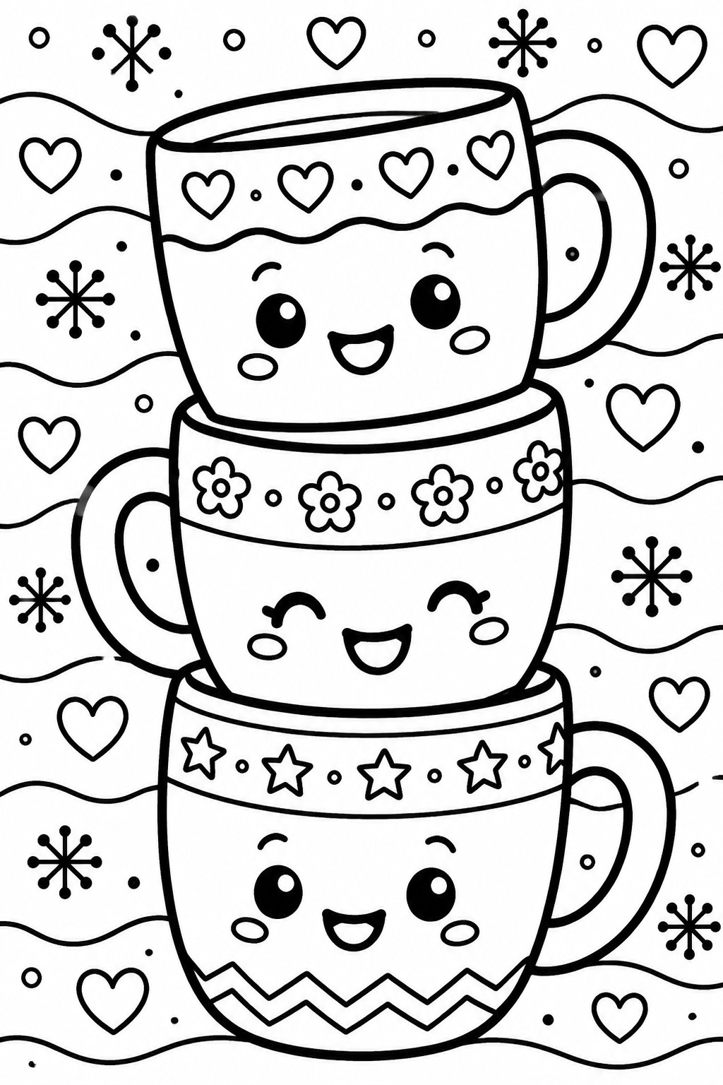 Three stacked kawaii mugs with cute faces, hearts, flowers, stars, and snowflakes