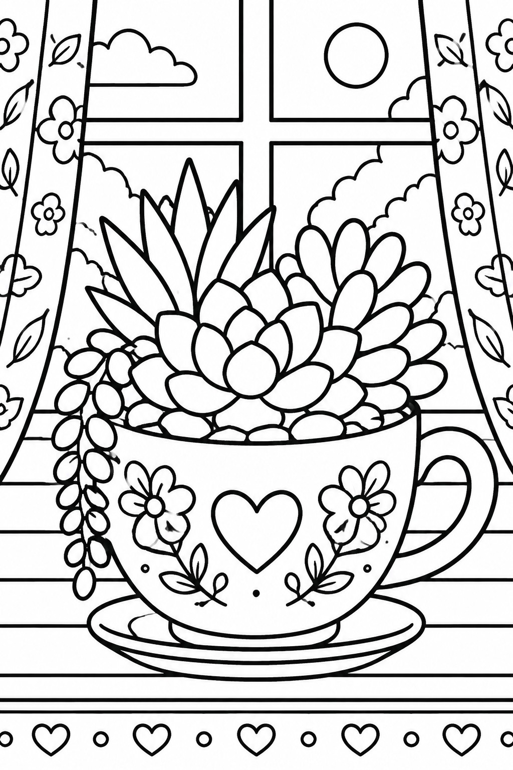 Succulent plants in heart-decorated teacup on windowsill, floral curtains, line art coloring page