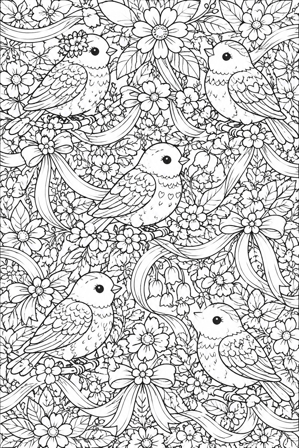 Coloring page with four birds amid flowers, leaves, ribbons, and bows in line art