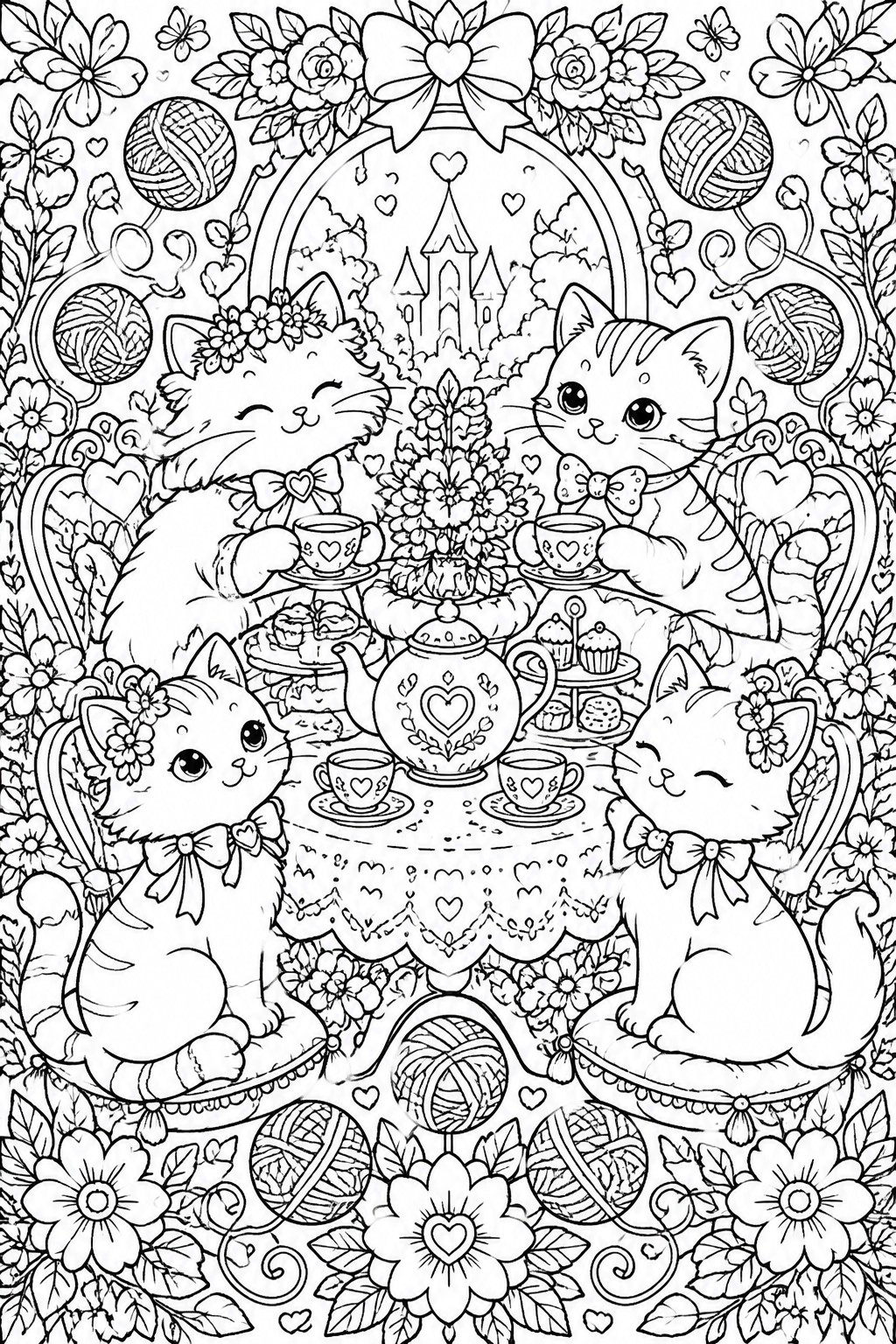 Black and white line drawing of four cats at a tea table surrounded by flowers, yarn balls, and a castle in the background.