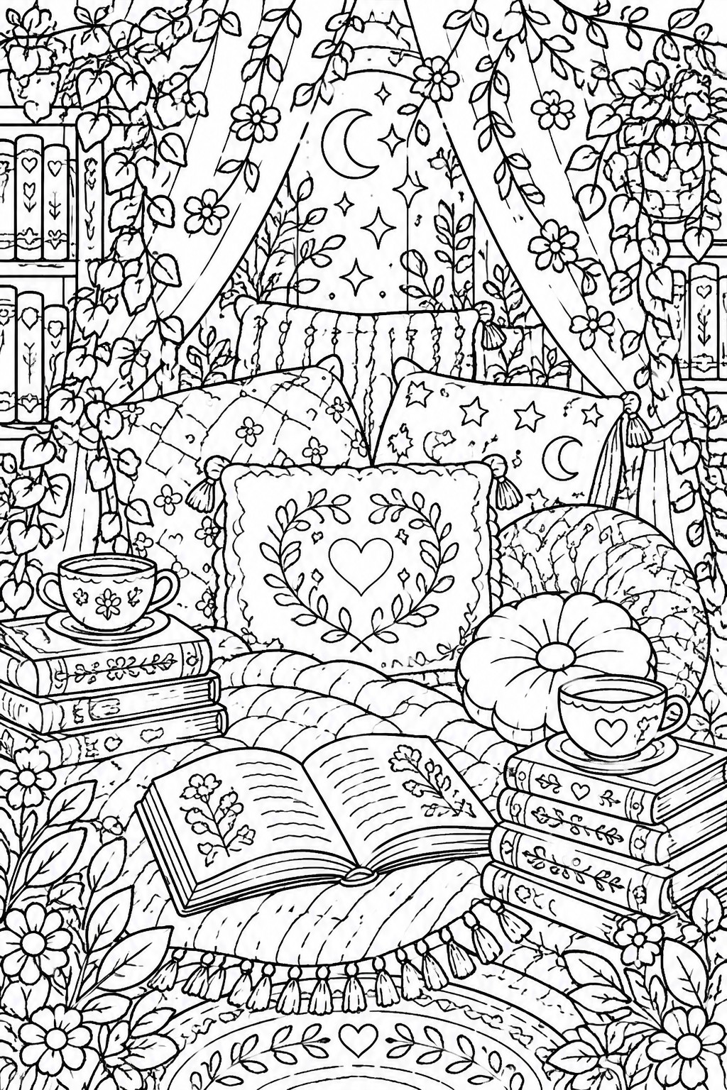Black and white line art of cozy reading nook with books, pillows, plants and moon.