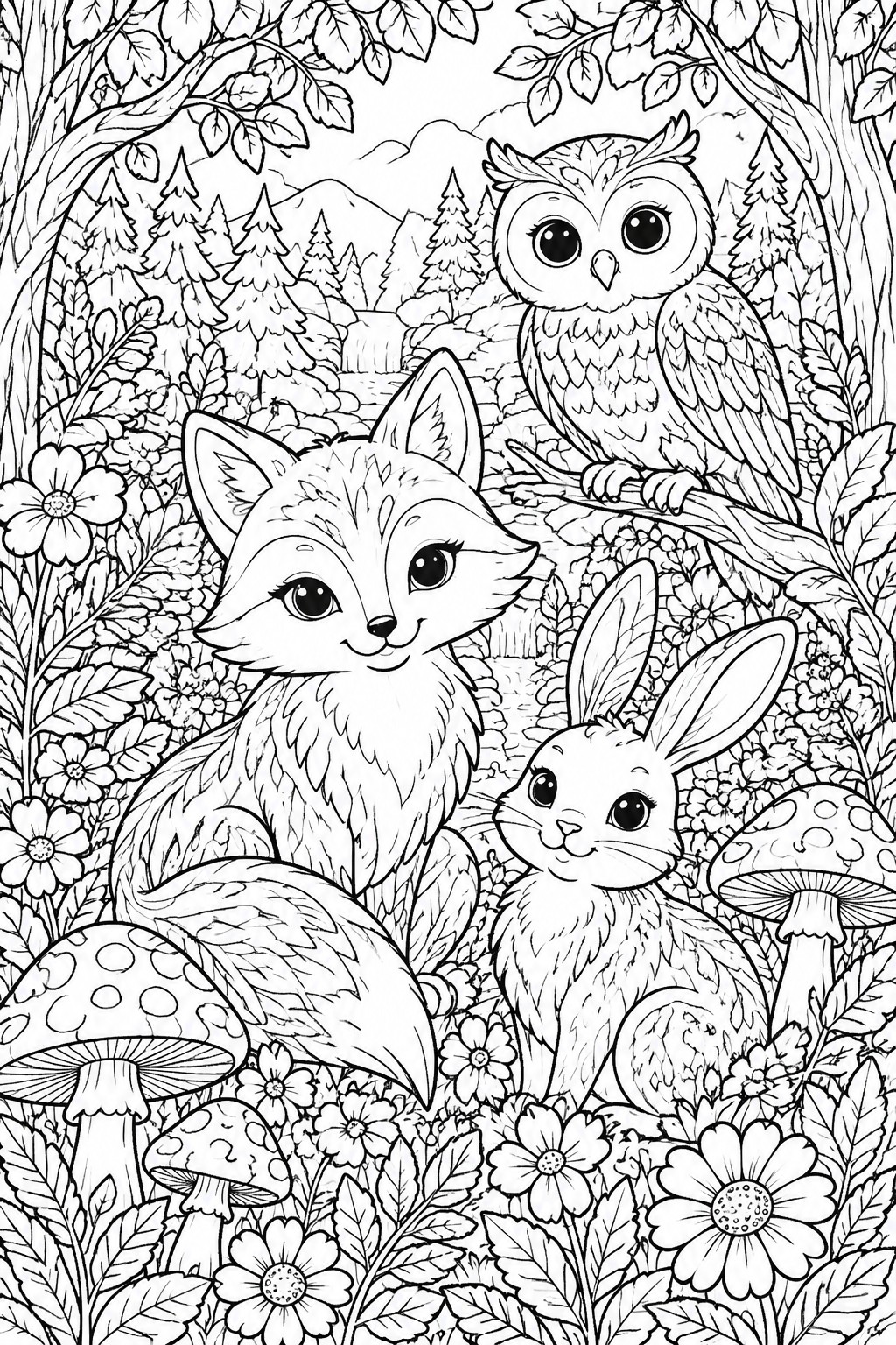 Black and white line drawing of a fox, rabbit, and owl surrounded by forest trees, flowers, and mushrooms.