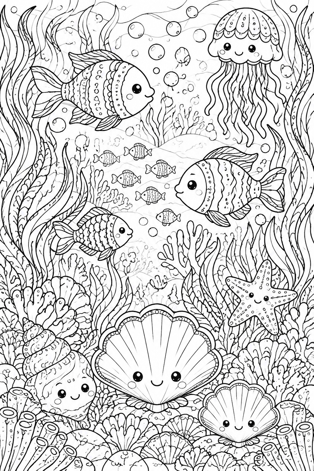 Coloring page of cute fish, jellyfish, starfish, and seashells amid coral and bubbles.