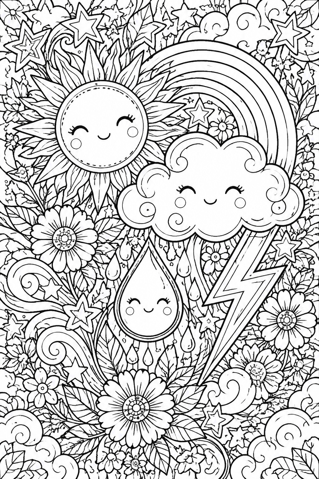 A black and white coloring page shows a smiling sun, cloud, raindrop, and lightning bolt with a rainbow above, surrounded by flowers, stars, and swirls.