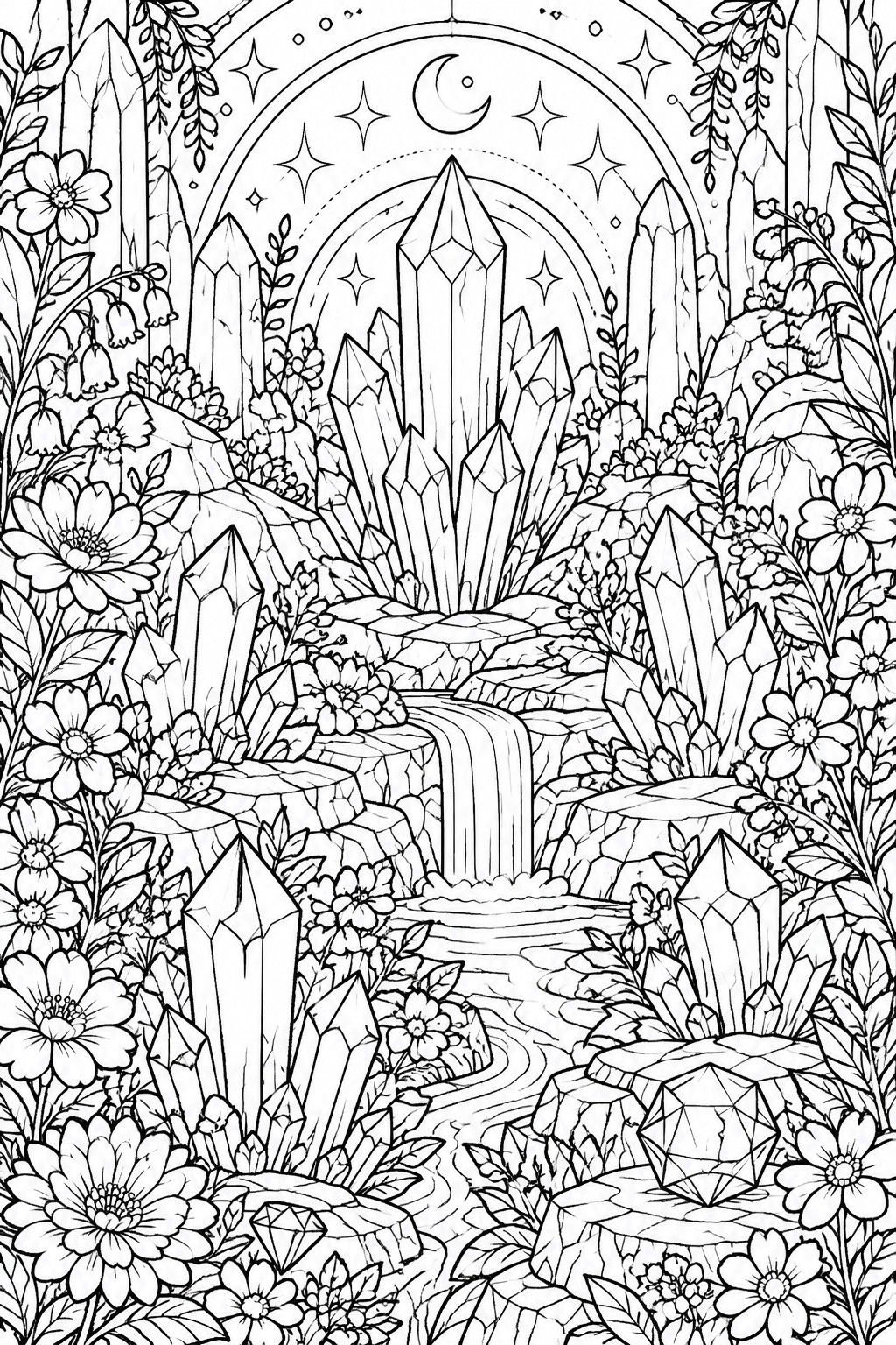 Black and white line art of a fantasy landscape showing crystals, flowers, a stream, and a moon with stars overhead.