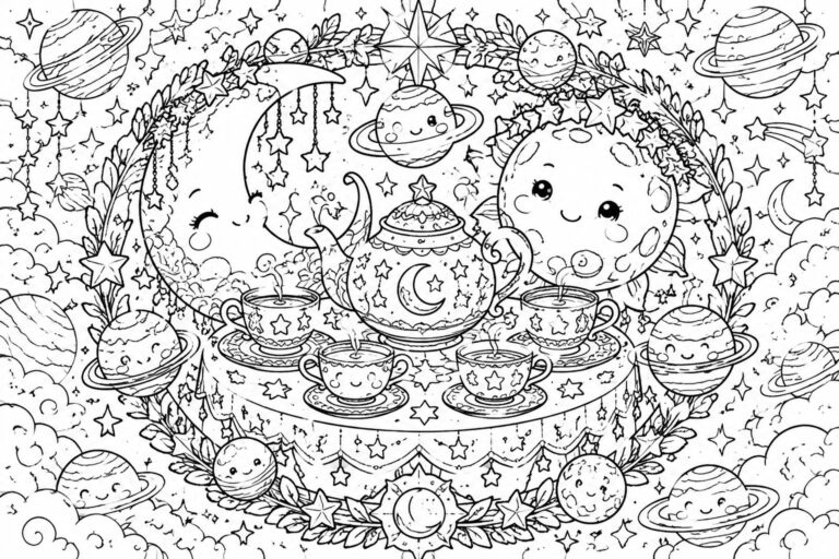 Cute cartoon planets and moons sharing tea amid stars, moons, and clouds.