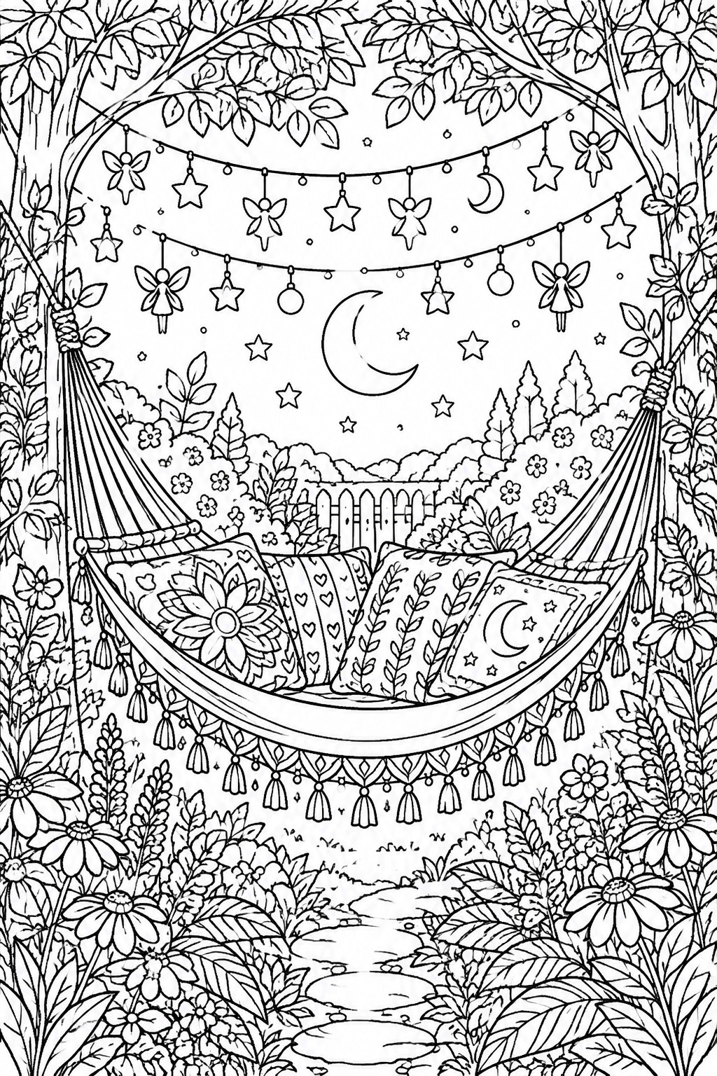 Detailed black-and-white coloring page of a pillow-filled hammock under starry moonlit sky with fairy lights.