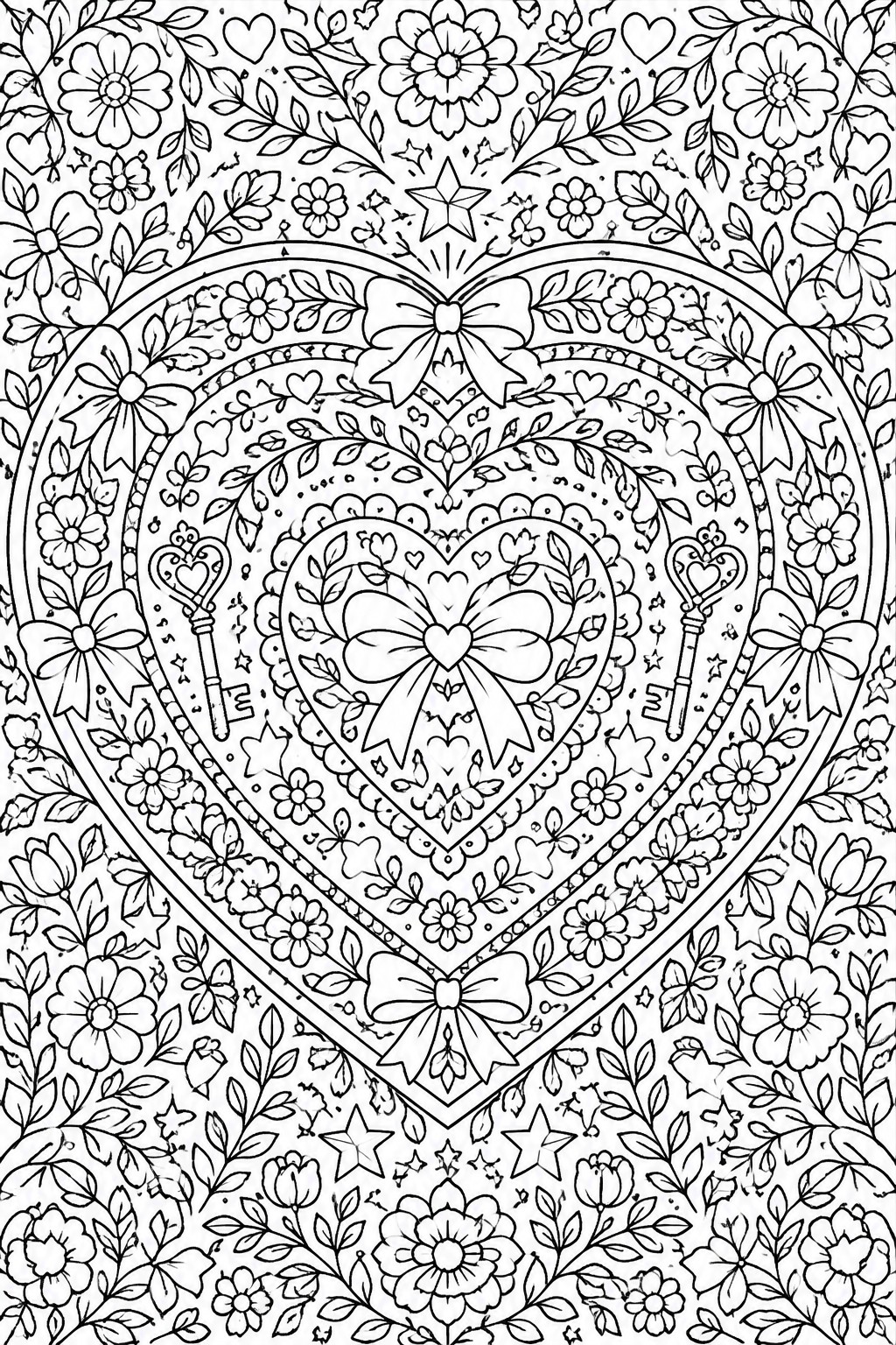 Intricate heart mandala with bows, keys, flowers, stars, and layered patterns