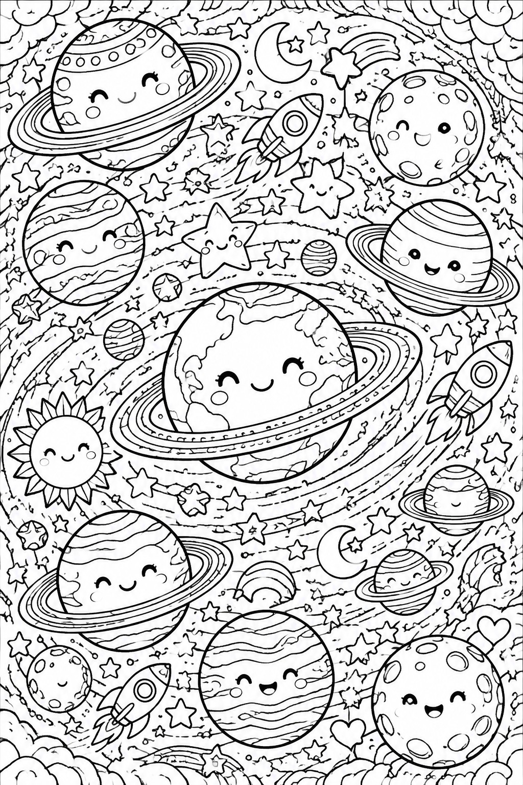 Cute cartoon planets with faces, rockets, stars, sun and moon in space coloring page