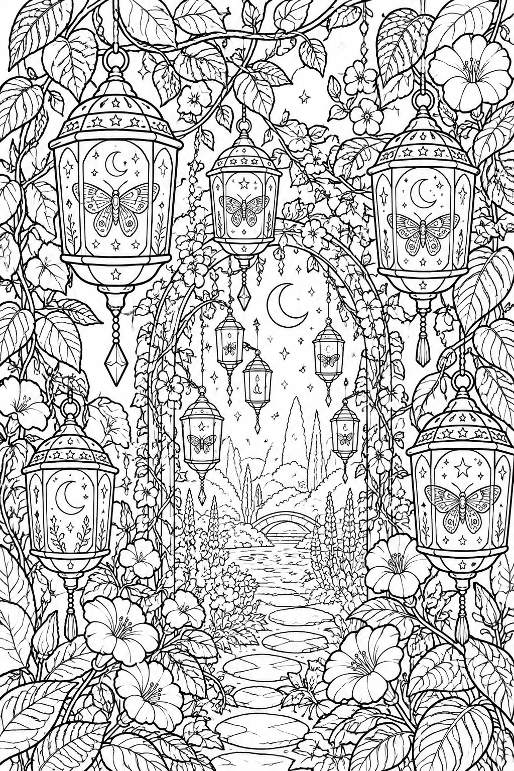 Ornate lanterns with butterflies hang amid flowers and vines over a moonlit garden path.