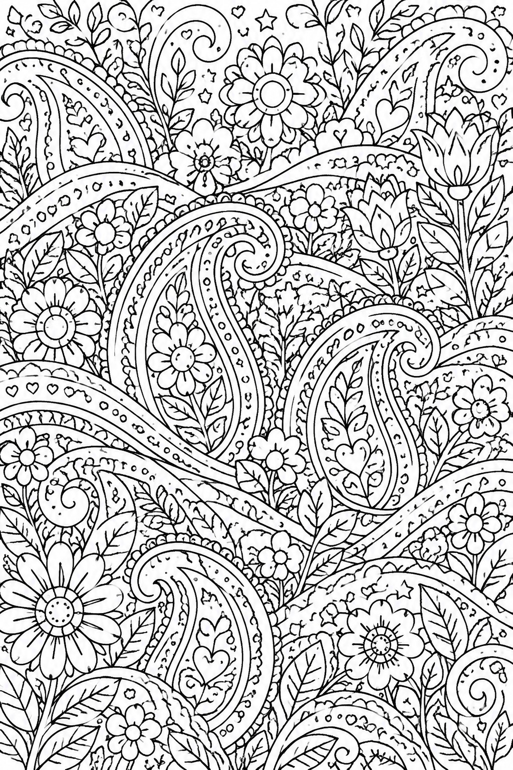 A black and white coloring page with paisley motifs, flowers, leaves, hearts, stars, and swirls in a dense layered design.
