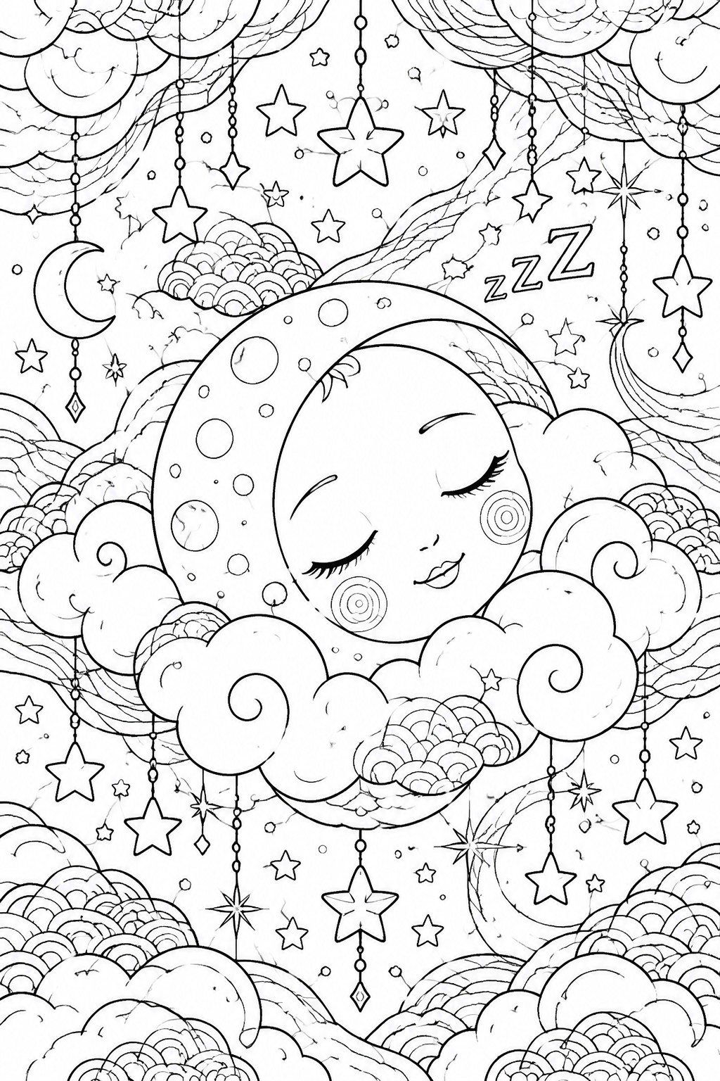 Sleeping crescent moon with face rests on clouds amid stars and hanging beads