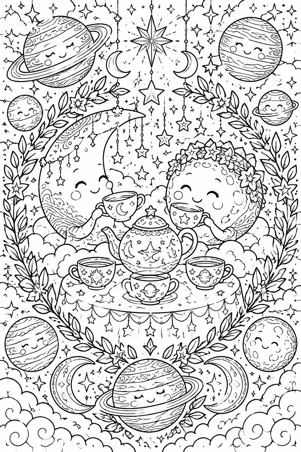 Cute cartoon planets and moons sharing tea amid stars, moons, and clouds.