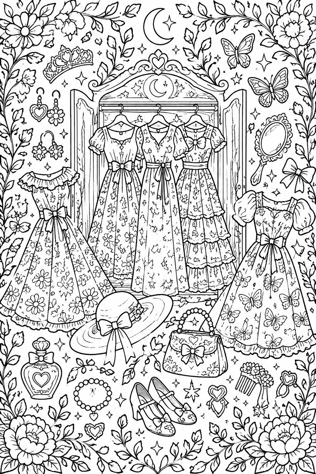 Whimsical coloring page of ornate dresses in open wardrobe with floral accessories, butterflies, and stars.