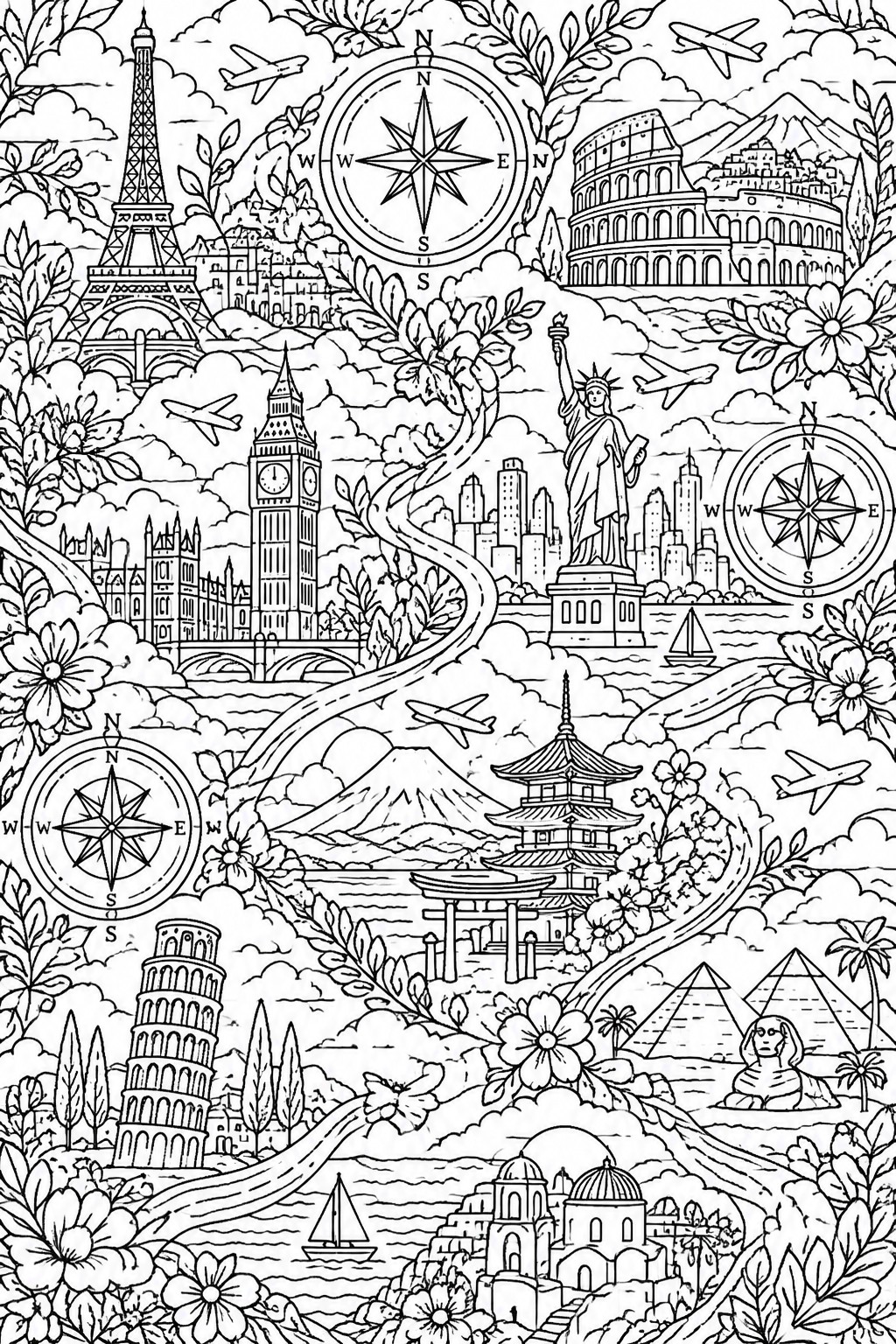 A black and white line drawing collage of world landmarks including the Eiffel Tower, Big Ben, Statue of Liberty, Colosseum, Leaning Tower of Pisa, Japanese pagoda, pyramids and Sphinx, connected by paths and planes with compass roses and flowers.