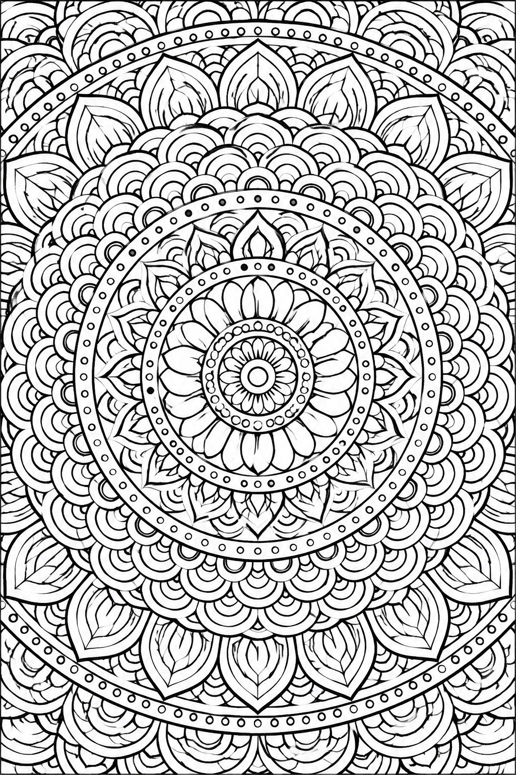 A black and white mandala coloring page featuring concentric rings of repeating petals, leaves, and dotted borders.