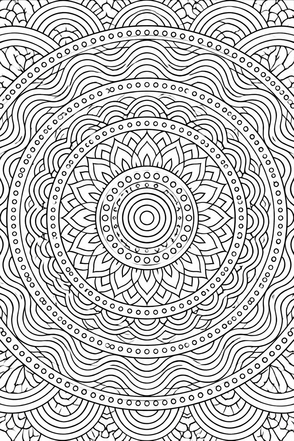 Intricate black-and-white mandala with concentric circles, lotus flowers, and wavy patterns