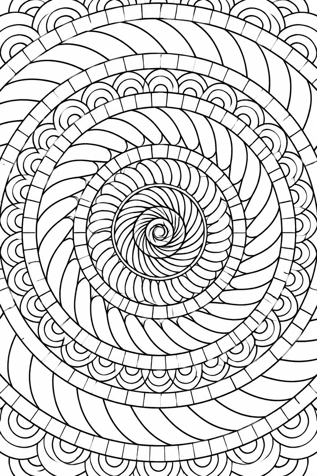 Intricate black-and-white spiral mandala with concentric swirling patterns and geometric rings.