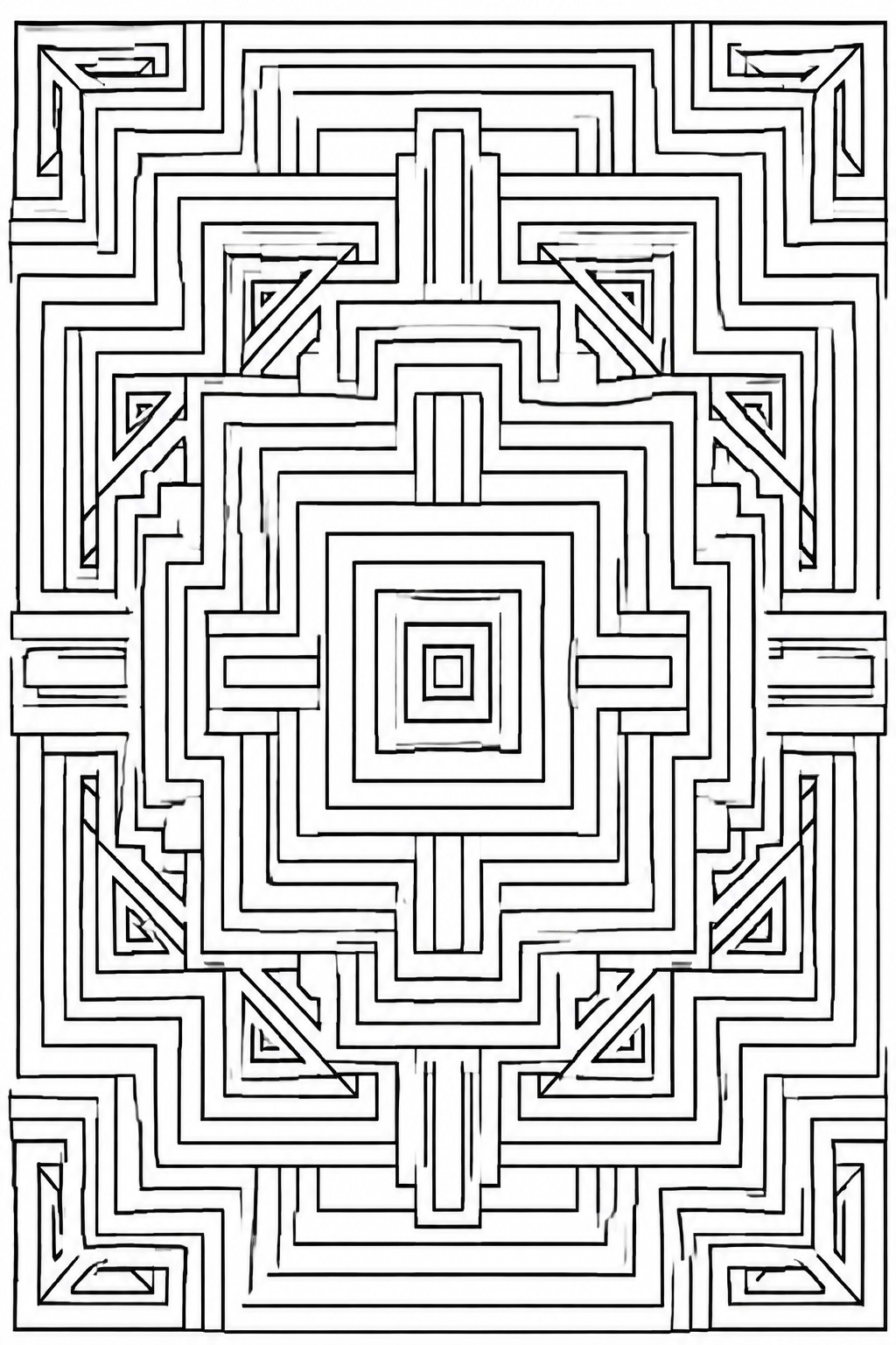 Intricate black and white geometric maze with concentric squares and winding paths.